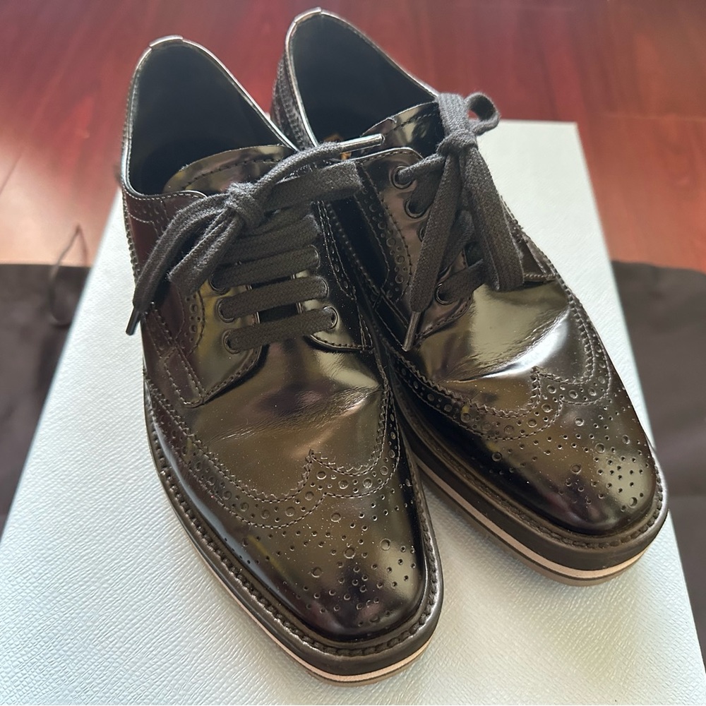 Authentic Prada 30mm Winged Flatform Black Leather Oxford Platform Shoes Size 35